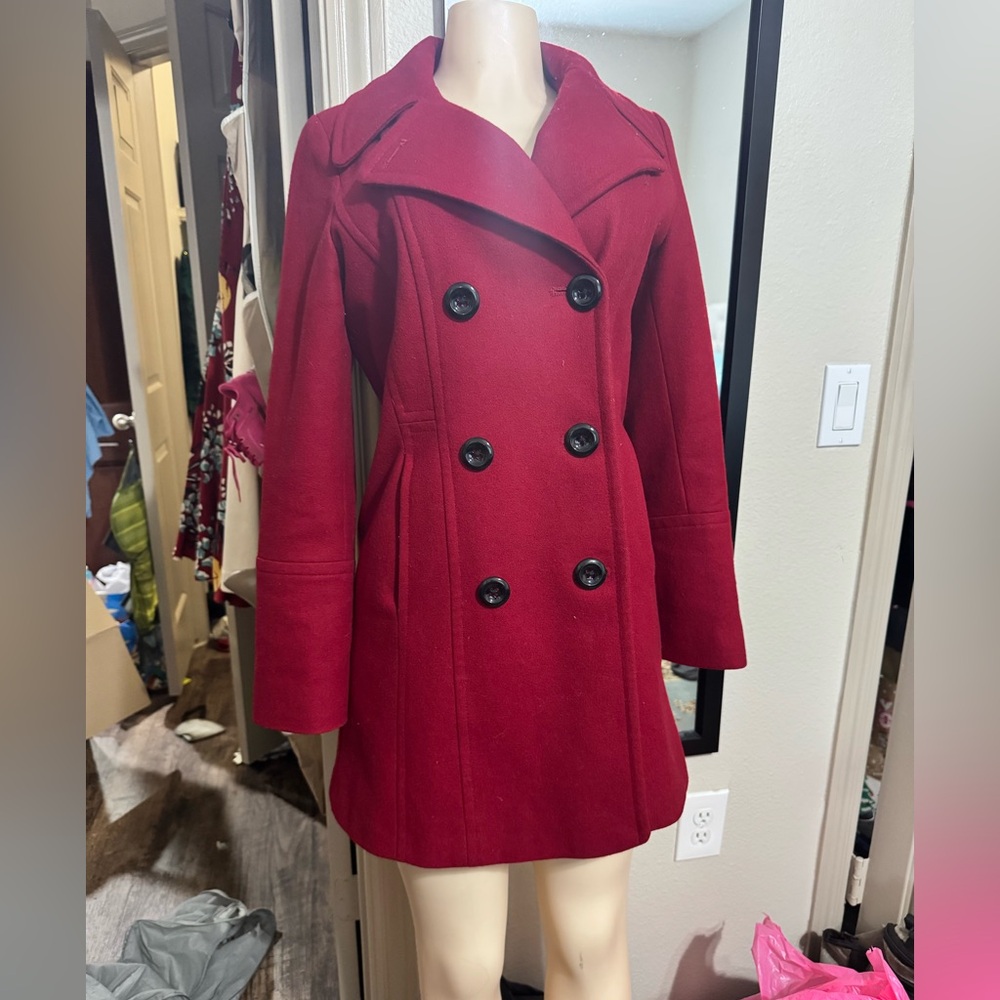 Anne Klein Double-Breasted Red Pea Coat